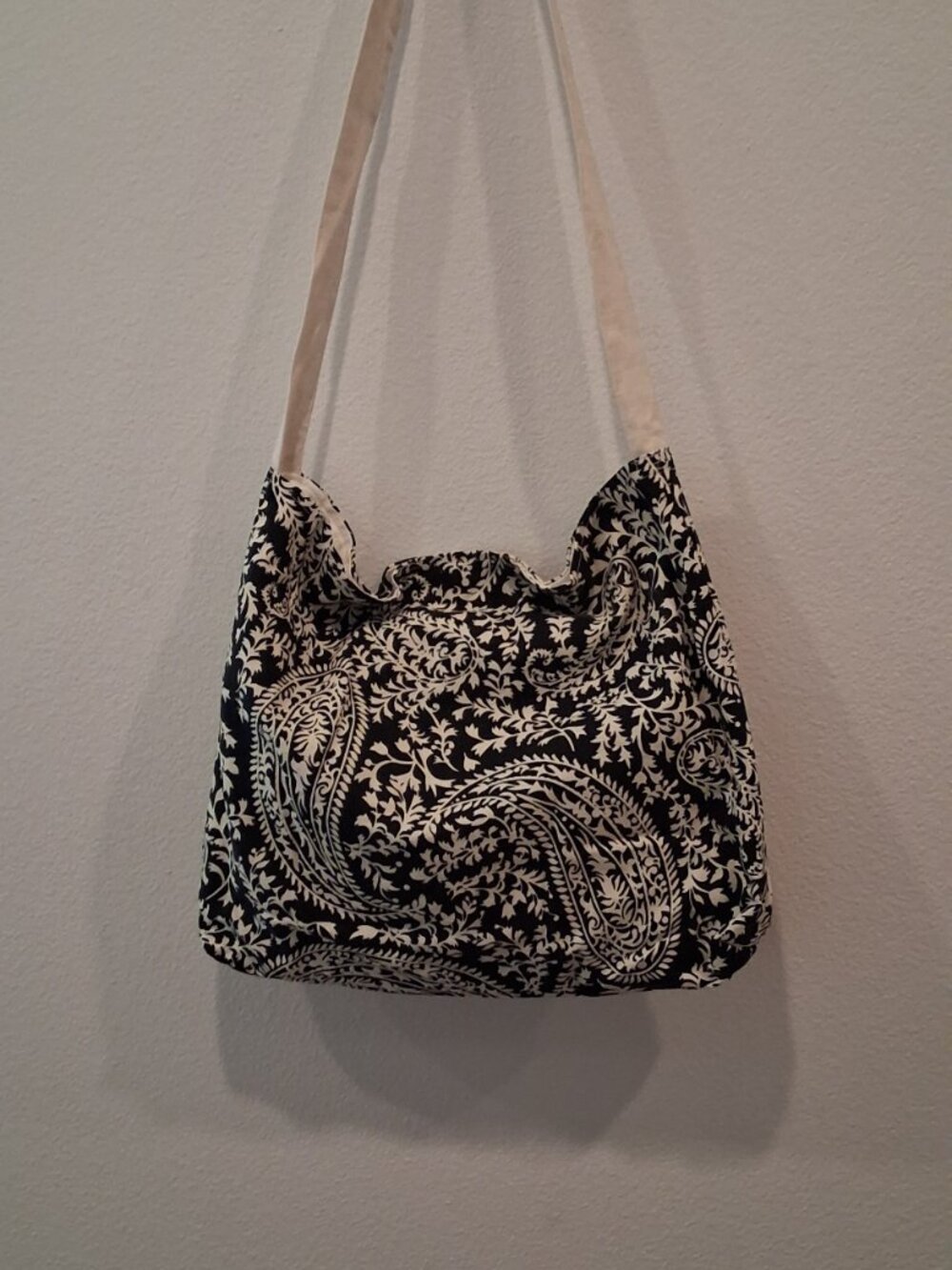 Handmade Upcycled Black Cream Paisley Print Cotton Slouchy Crossbody Tote Bag